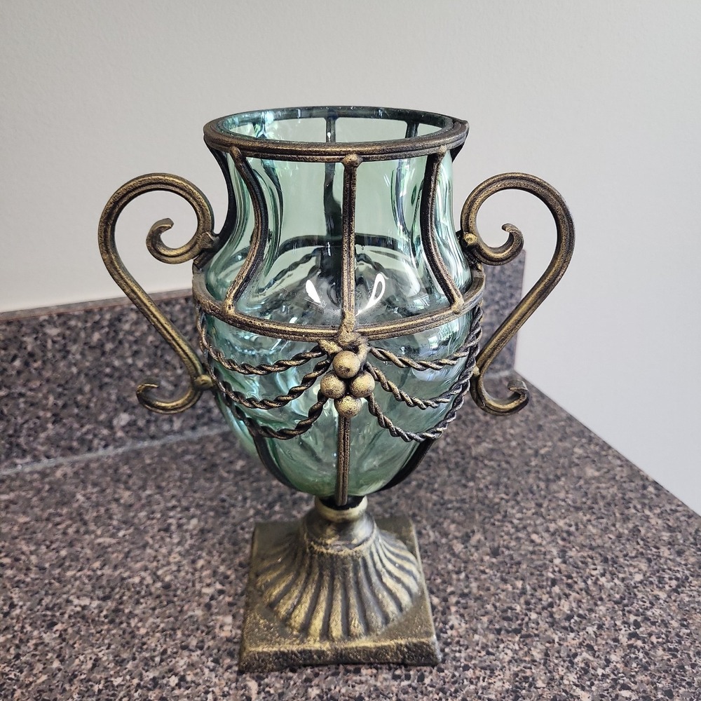 VINTAGE Hand Blown Green Glass Amphora Vase Wrought Iron Tuscan Italian Style